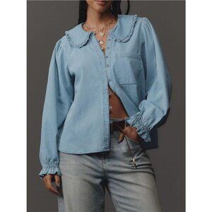 Peter Pan Collar Ruffled Denim Shirt